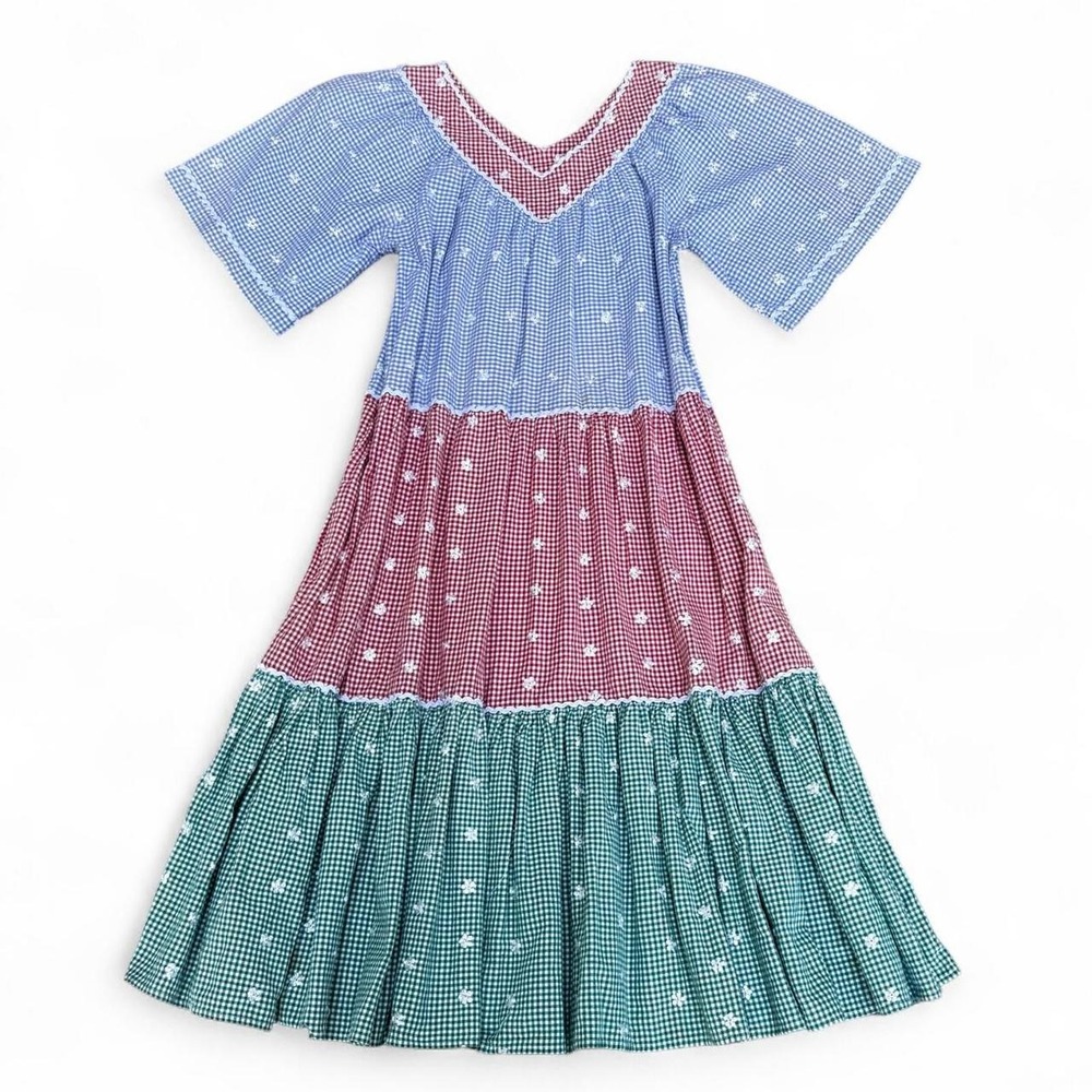 Vintage 70s Multicolor Gingham Patchwork Prairie Cottage Dress XL Light Marks